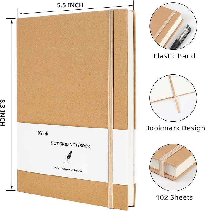 A5 Dot Grid Kraft Notebook Journals, Hardcover Subject Sketchbook Composition Notebooks with Dotted Grid Paper, 2 Pack, 120GSM, 102 Sheets, 5.5x8.3 inch, Travel Journal Set
