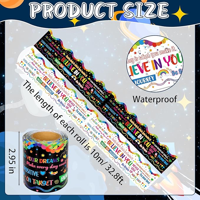 2 Rolls Inspirational Quote Bulletin Board Borders, 65.6 Ft Motivational Scalloped Trim Growth Mindset Straight Decorative Border Trim for Back to School Classroom Wall Chalkboard Decor