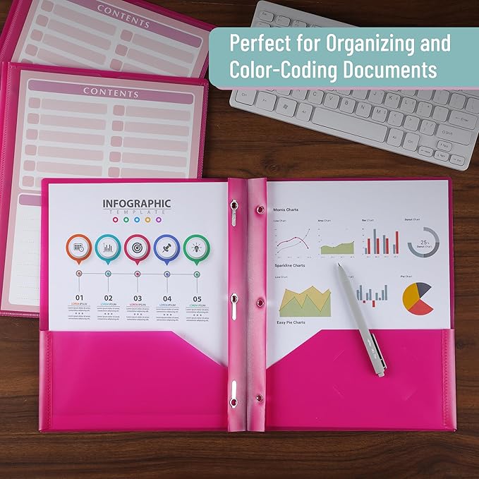 Mr. Pen- Plastic Folders with Pockets and Prongs, 24 Pack, Letter Size, Magenta, Flexible Plastic Folders with Prongs, Clear Front Pocket and Card Slot