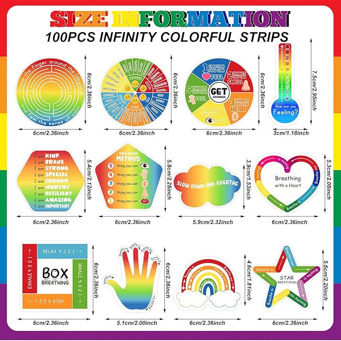 Crtiin 100 Pcs Sensory Strips Anxiety Calm Mindfulness Stickers Fidget Stress Breathing Sensory Sticker Different Textures Rough Tactile Tape for Mental Health Adults Desk Anxiety Relief(Elegant)