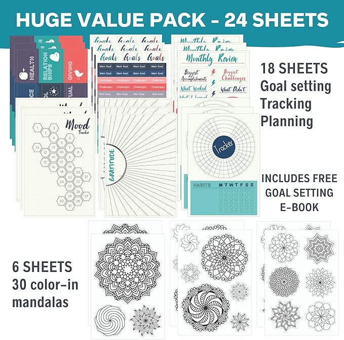 Improve Yourself Planner Stickers Set - Large Value Pack 24 Sheets Self-Improvement Sticker Pack - Goal Setting, Habit Trackers, Gratitude, Mood Tracker, Colorable Mandalas for Bullet Dotted Journals