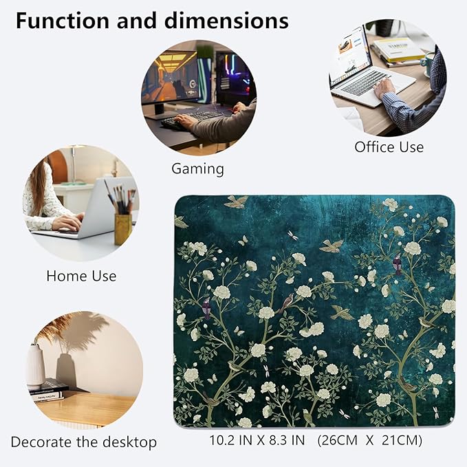 Blue Chinoiserie Mouse Pad,Cherry Blossom Bird Desk Mat,Vintage Spring Floral Mouse Pad,Dark Greens Floral Mousepad,Girly Laptop Desk Mat for Dorm Home Office Decor,10.2x8.2 Inch