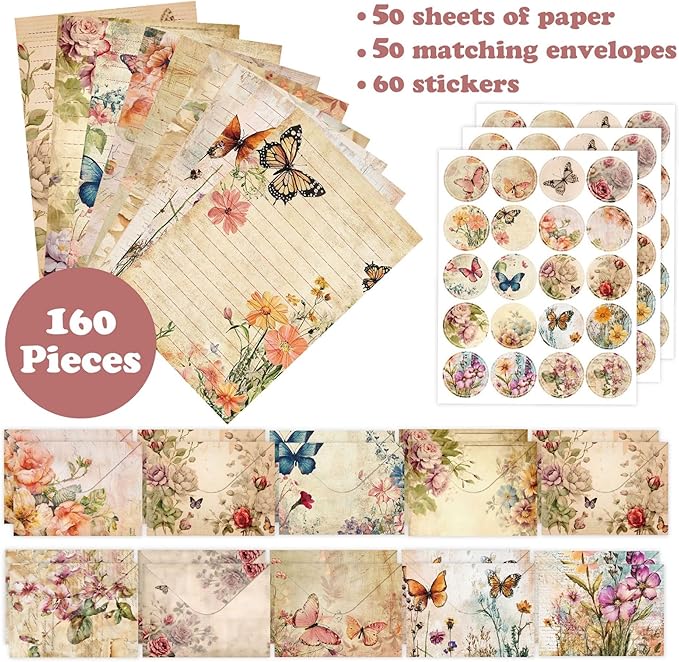 160 Packs Stationery Paper Set (50 Single-Sided Stationery Writing Papers 50 Matching Envelopes) 60 Round Dot Stickers, 10 Design Vintage Stationary Sets,5.5 x 8.25 Inch. (Nature)