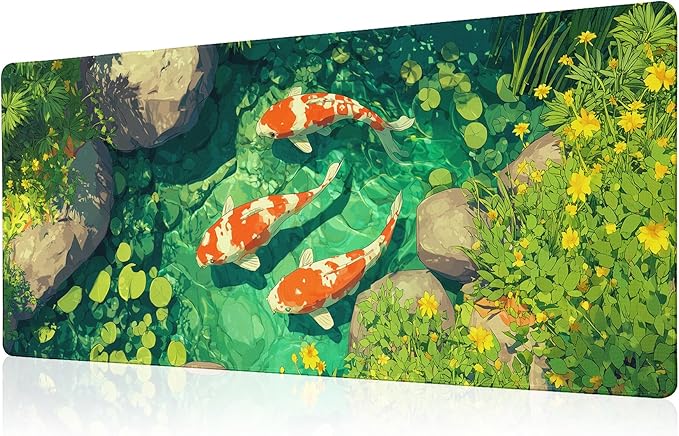 Fish Art Mouse Pad Green Desk Mat XL Mouse Gaming Pads, Fish Keyboard Pads Extra Large Desktop Computer Mats with Non-Slip Base & Stitched Edges, Vintage Office Decor 31.5x11.8