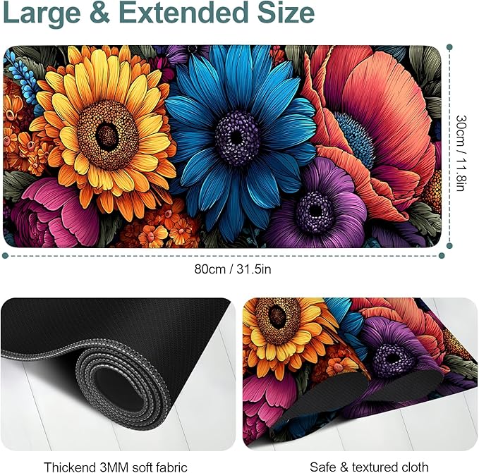 Flowers Extended Gaming Mouse Pad 31.5x11.8inches Large Desk Mat Anti-Slip Rubber Base & Durable Stitched Edges for Gamers Smooth Mouse Writing Surface for Desk Office/Home