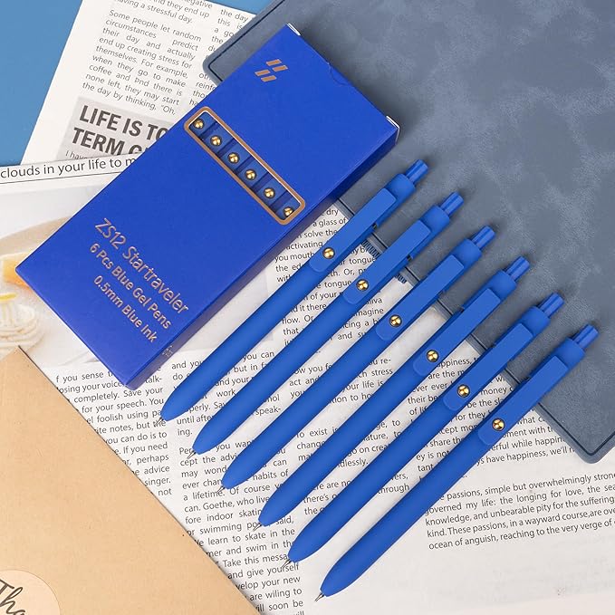 6 Pcs Blue Ink Pens for Journaling 0.5mm Fine Point Blue Gel Ink Pens, Smooth Writing Quick Dry Pens for Note Taking, Gift Set for Women & Men (6 Pcs Blue Gold)