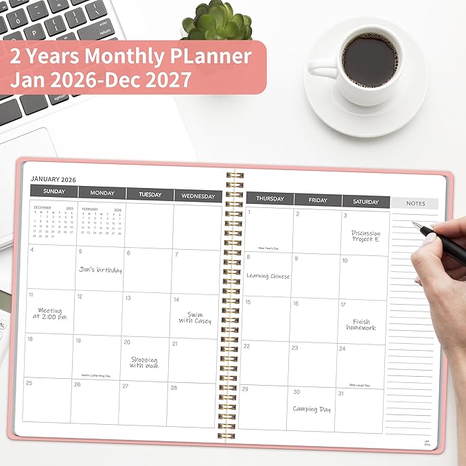 Monthly Planner 2026-2027, 2026 Calendar 24 Months Planner, Jan 2026 - Dec 2027, 8.6" x 11", Academic Calendar Hard PVC Cover with Spiral Bound, Perfect for School & Office for Women & Men