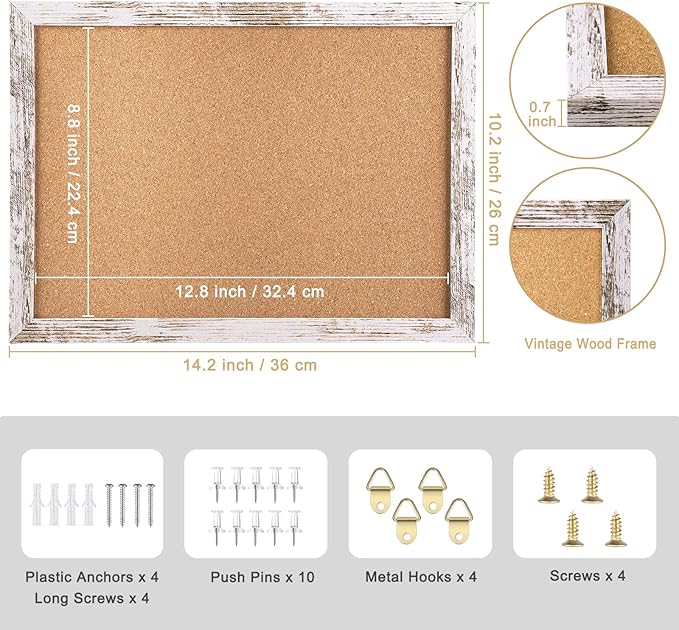 Cork Board Bulletin Board, 14.2x10.2 inches Decorative Hanging Framed Cork Boards for Walls, Pin Board Vision Board for School Home Office, Bulletin Board with White Wood Frame (2636,WH,2pc)