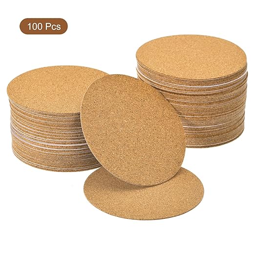 uxcell 100 Pcs Self-Adhesive Cork Round, 3'' x 3'' Cork Tiles Backing Sheets Cork Coasters for DIY Crafts, Brown,(a23101100ux0962)