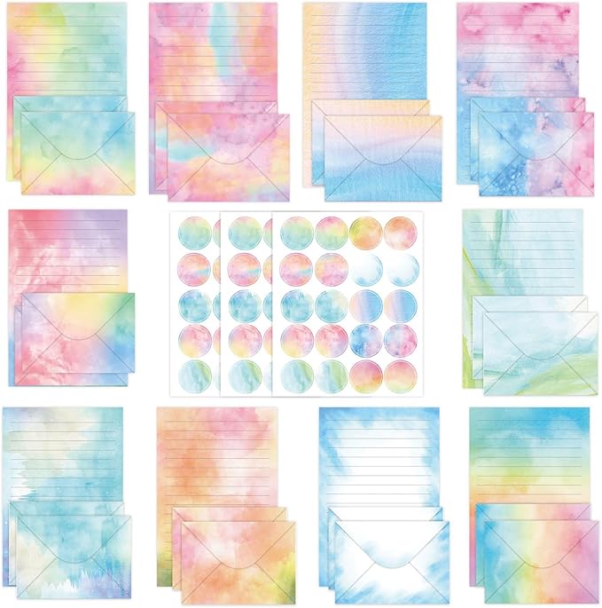 160 Packs Stationery Paper Set (50 Single-Sided Stationery Writing Papers 50 Matching Envelopes) 60 Round Dot Sticker, 10 Design Colorful Letter Paper Stationary Stes,5.5 x 8.25 Inch. (Watercolor)