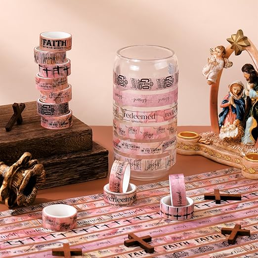 Janlaugh 24 Rolls Christian Washi Tape Gifts Bulk Religious Inspirational Scripture Supplies Pink Bible Verse Washi Tape for Bible Journaling Study DIY Crafting Valentine's Day Gifts