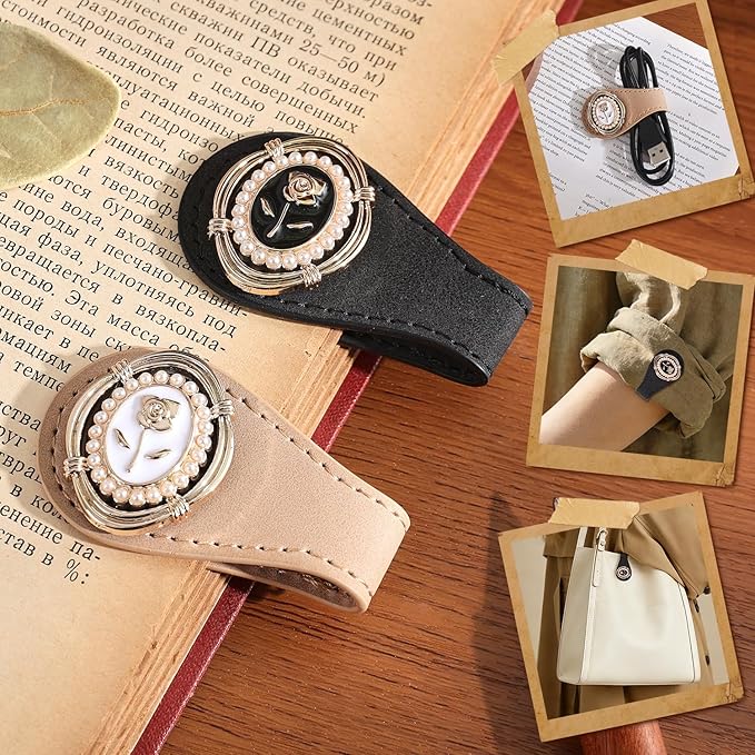 2PCS Magnetic Bookmarks with Pen Clip, Leather Bookmarks for Women, Magnetic Pen Holder Book Accessories, Gold Rose