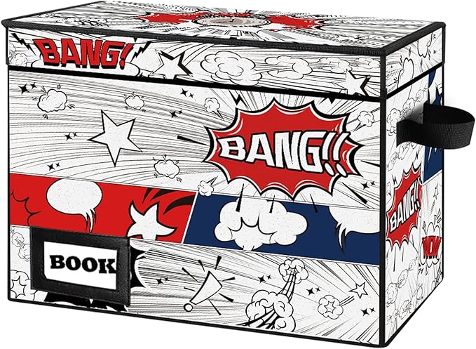 Comic Book Storage Box, 15.8" X 7.8" X 11.8", Heavy Duty Collapsible Holds 160-180 Comic Book Bin Container Holder Shelf (Cartoon Clock)