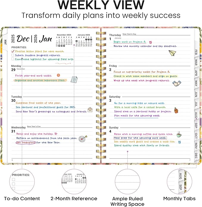 2026 Planner, Weekly and Monthly Calendar Planner Book, January 2026 - December 2026, Hardcover Spiral Planner with Monthly Tabs, Notes Pages, Perfect for Women & Men, A5 (6.4" x 8.5") - FLoral