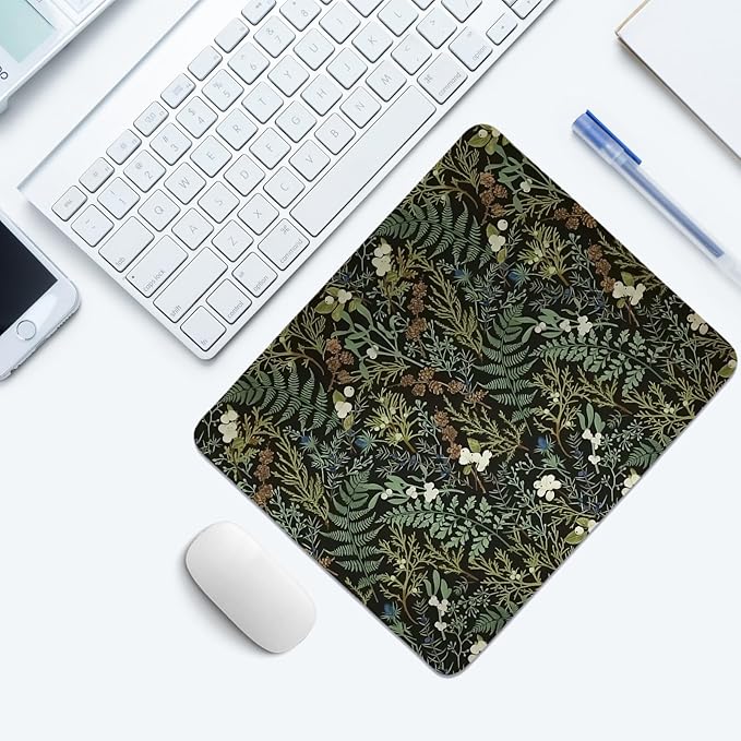 Vintage Dark Green Plant Mouse Pad,Green Fern Leaves Botanical Desk Mat, Wildflower Garden Aesthetic Mouse Pad for Dorm Home Office Desktop Decor,10.2x8.2Inch