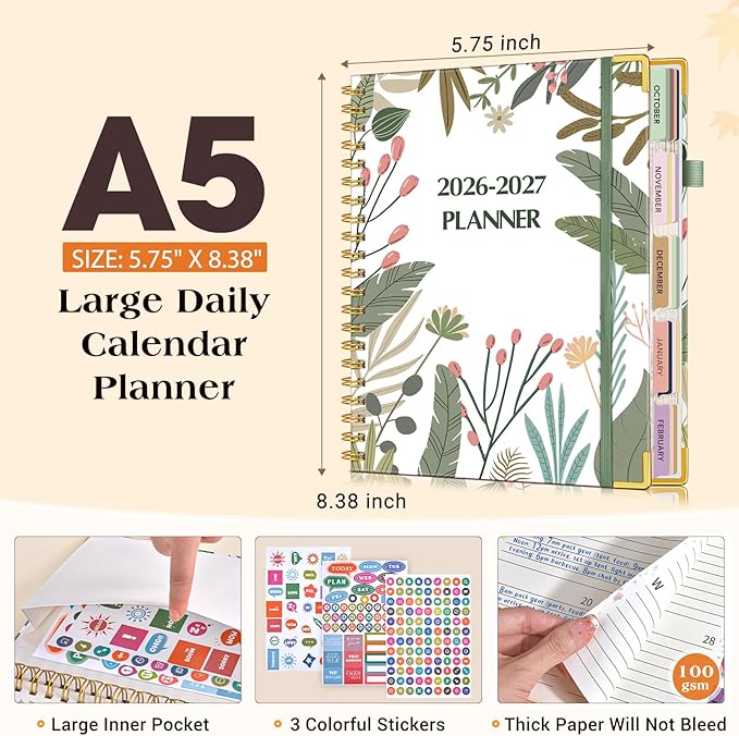 Planner 2026-2027, 18 Months Weekly and Monthly Daily Planner from January 2026 - June 2027, 5.75" x 8.38" A5 Hardcover Agenda Organizer Book 2026 with Tabs, Spiral Yearly Calendar Planners for School Work Home, Colorful Botanicals