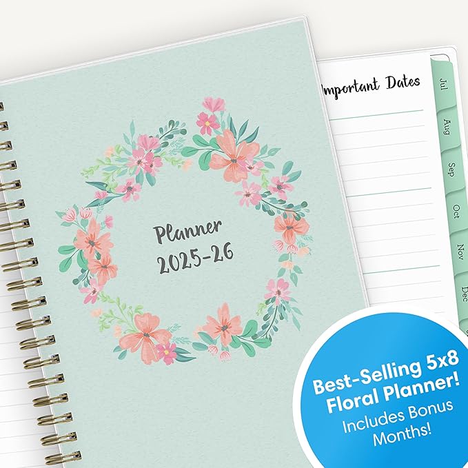 Blue Sky Weekly and Monthly Academic Year Planner Calendar, July - June, Flexible Cover, Wirebound, Laminated Tabs, Laurel (Laurel- 2025/2026, 5" x 8")