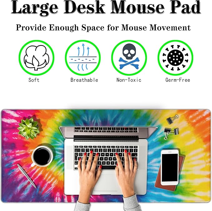 Gaming Mouse Pad Yellow Big Desk Mat Large Mousepads Desktop Mat Table Extender Non-Slip Rubber Base Waterproof with Stitched Edges 35.4" X 15.7" for Game Office, Rainbow Tie Dye