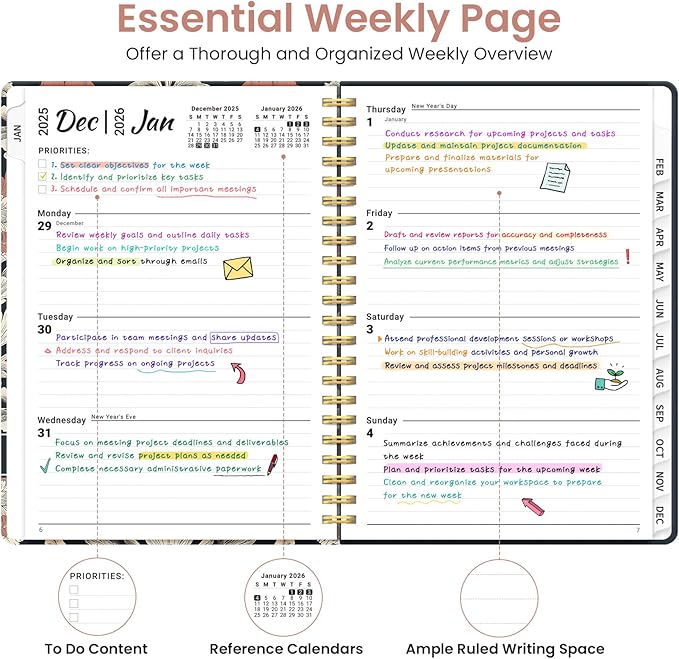 2026 Planner, Weekly and Monthly Planner for Women, January 2026 to December 2026, Pretty Hardcover 2026 Calendar Planner Book with Tabs, Inner Pocket, Spiral Bound, Perfect Office Home School Supplies - 6.3" x 8.5", Painted Poppies