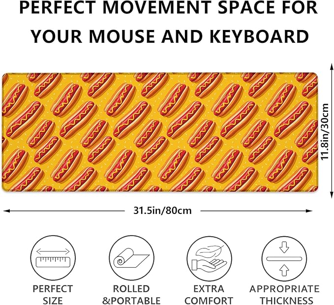 Fun Hot Dog Gaming Mouse Pad, Delicious Hot Dogs Large Desk Mat for Computer, Extended Keyboard Food Laptop Mouse Pads 31.5×11.8in, Non Slip Rubber Mousepad for Office Decor Gifts