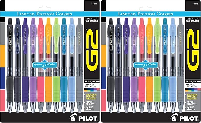 PILOT G2 Limited Edition Harmony Ink Collection Retractable Gel Pens,0.7mm Fine Point,Gel Pen Set,Assorted Ink,- Ideal for School,Journaling,and Office Writing,10 Count (Pack of 2)