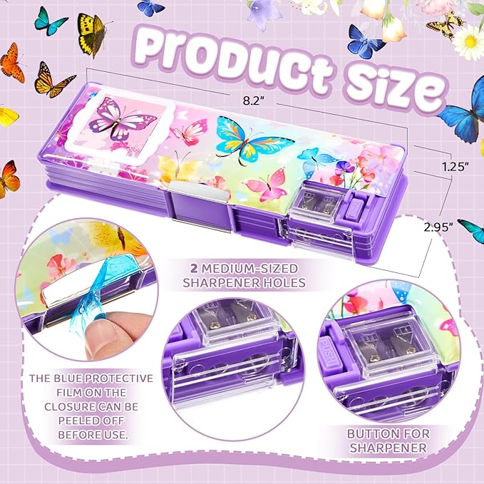 Henoyso Multifunctional Pencil Box for Girls Butterfly Pencil Case with Calculator and Sharpener Cool Cute Pencilcase School Supplies Essentials Christmas Birthday Gift Present for Kids Teens