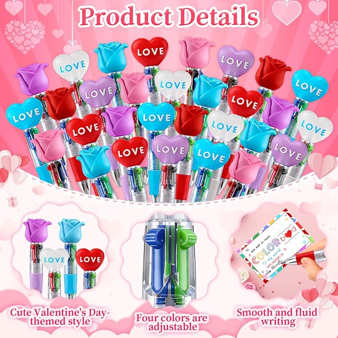CZWZ 30Pcs Mini Multicolor Pen in One 4-in-1 Cute Pens Bulk for Kids, Ballpoint Pens for Birthdays and Children's Parties, Fun Pens Gifts Assorted Ink Kawaii Pen(Heart and Flower)