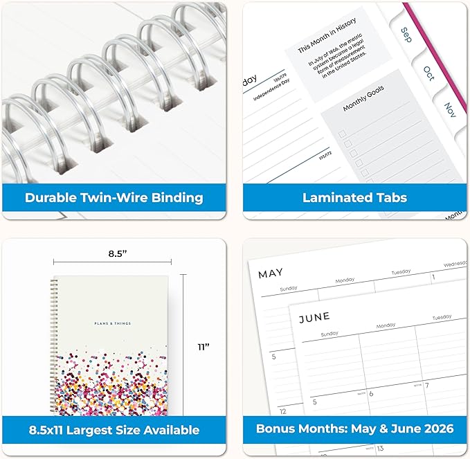 Blue Sky 2026-2027 Weekly and Monthly Academic Year Student Planner Calendar, July 2026 - June 2027, 8.5" x 11", Flexible Cover, Wirebound, Laminated Tabs, Storage Pocket, Star Confetti Bright