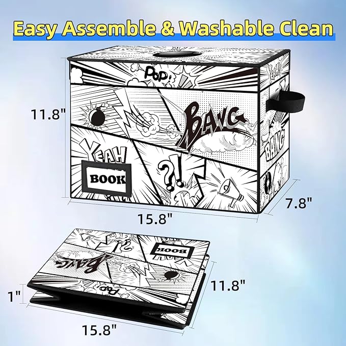 5 Pack Comic Book Storage Box, 15.8" X 7.8" X 11.8", Collapsible Holds 160-180 Comic Book Short Box Bin Container Holder Shelf(Cartoon Bombs)