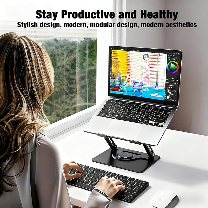 Laptop Stand, Laptop Stand for Desk with 360° Rotating Base, Ergonomic Laptop Riser for Desk with Adjustable Height, Heat Dissipation, Fits with All Laptops 10-17.3"