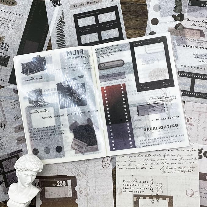 Vintage Washi Stickers Book for Journaling, 180pcs Aesthetic Film Journal Stickers and 20 Sheets Adhesive Scrapbook Papers for Junk Journal Supplies Ephemera Sticker Book for Adults DIY Art Crafts