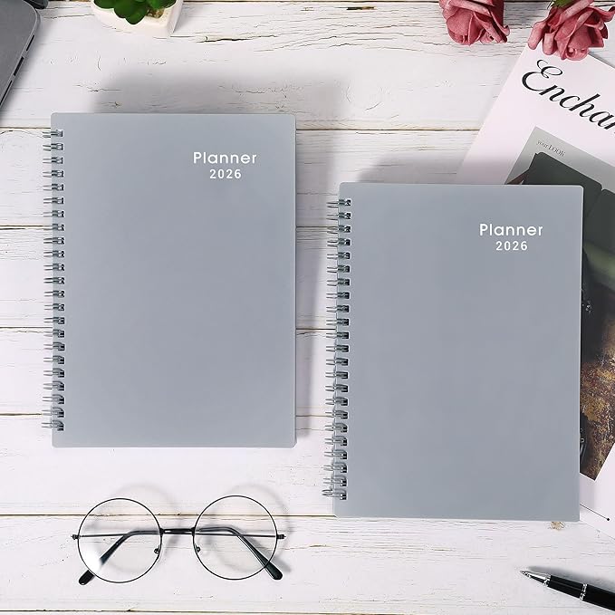 2026 Planner - Planner 2026 with Weekly & Monthly Spreads, Jan 2026 - Dec 2026, 6.25" × 8.3", Strong Twin-Wire Binding, Round Corner, Flexible Cover, Monthly Tabs - Grey