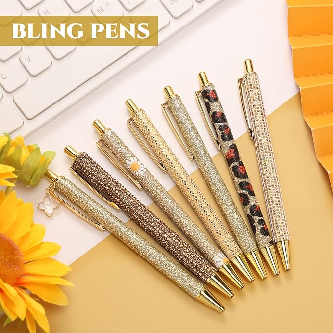 Sherr 7 Pcs Fancy Pens for Women Cute Sparkly Glitter Pens with 10 Pcs Black Ink Refills Pretty Gifts for Girls Office School Christmas Graduation(Delicate)