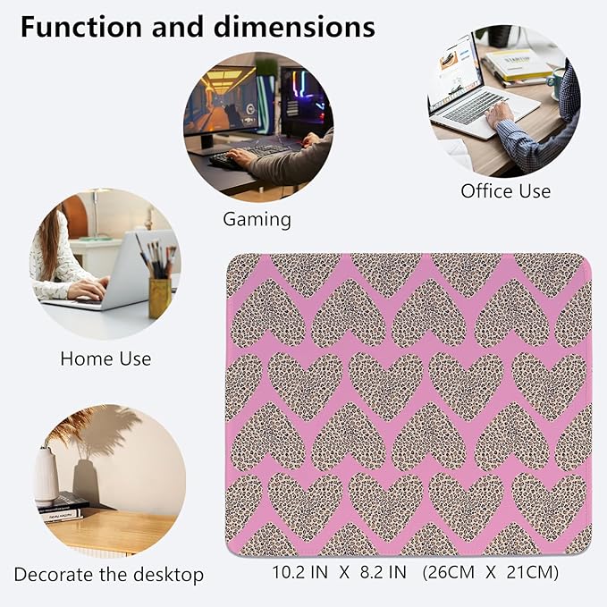 Pink Valentine Hearts Mouse Pad, Pink Cheetah Valentine's Day Desk Pad,Girly Preppy Love Heart Desk Mat for Girls Dorm Home Office Desktop Decor,Valentine's Day Gift,11.8x9.8 Inch