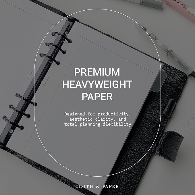Cloth & Paper Task Planner Inserts – Personal Size 3.75 x 6.75 Inches | 6-Ring To-Do List 15 double sided Daily Planner Organizer | Minimalist Design | Premium Paper for Notes & Reminders