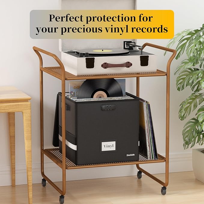 DocSafe Vinyl Record Storage Box with Lock,Fireproof＆Water Resistant Record Organizer Storage for 100+ Single Records(12-inch),Collapsible Storage Crate with Lid&Handles for Valuable Album Collection
