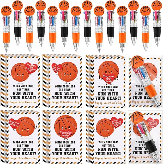 Colarr 24 Set Basketball Valentines Gifts Multicolor Pens with Positive Cards for Valentines Day Party Favors Classroom Prizes Students Basketball Team Goodie Bags Stuffers 4 in 1 Ballpoint Pens
