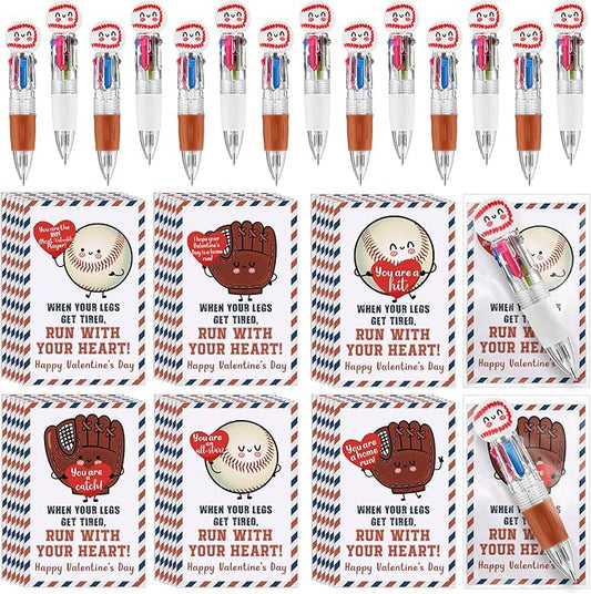 Colarr 24 Set Baseball Valentines Gifts Multicolor Pens with Positive Cards for Valentines Day Party Favors Classroom Prizes Students Baseball Team Goodie Bags Stuffers 4 in 1 Ballpoint Pens