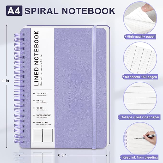 Lined Spiral Journal Notebook, A4 Hardcover Leather Notebook for Work, 8.5''×11'', 100GSM Thick Paper Spiral Bound Journaling Notebooks for Women & Men Office School Note Taking Business, Purple