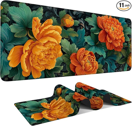 Retro Flower Extended Gaming Mouse Pad 35.4x15.7Inch Large Desk Mat Anti-Slip Rubber Base & Durable Stitched Edges for Gamers Smooth Mouse Writing Surface for Desk Office/Home