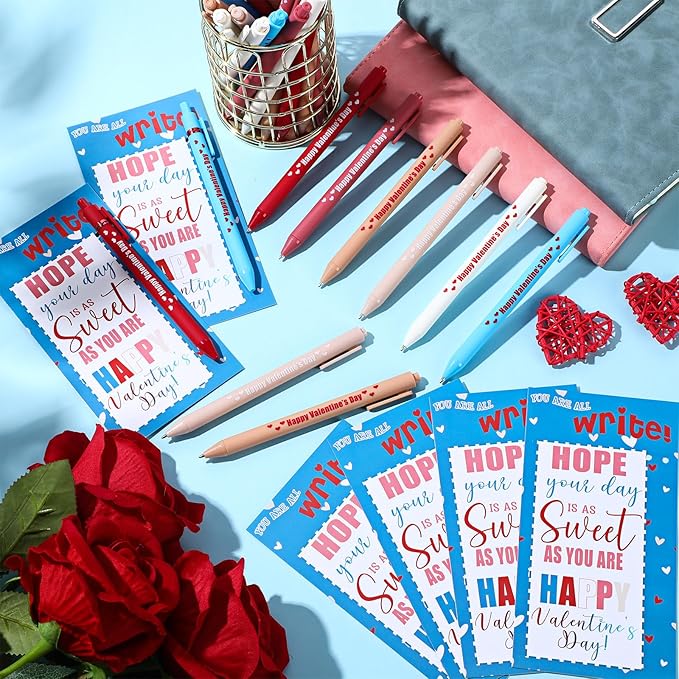 Cholemy 48 Sets Valentine Day Gifts Sets Include Motivational Ballpoint Pen with Greeting Card and Cable Ties for School Classroom Stationery Supplies Teacher Students Practical Gifts