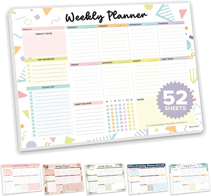 Decorably 52 Sheets Colorful Pastel Undated Weekly to Do List Notepad - 6.5x10" Spring-Bound Planner Pad, Easy Tear-Off, for Priorities, to-Do List, Habit Tracker, Focus & Notes - Home, School, Office