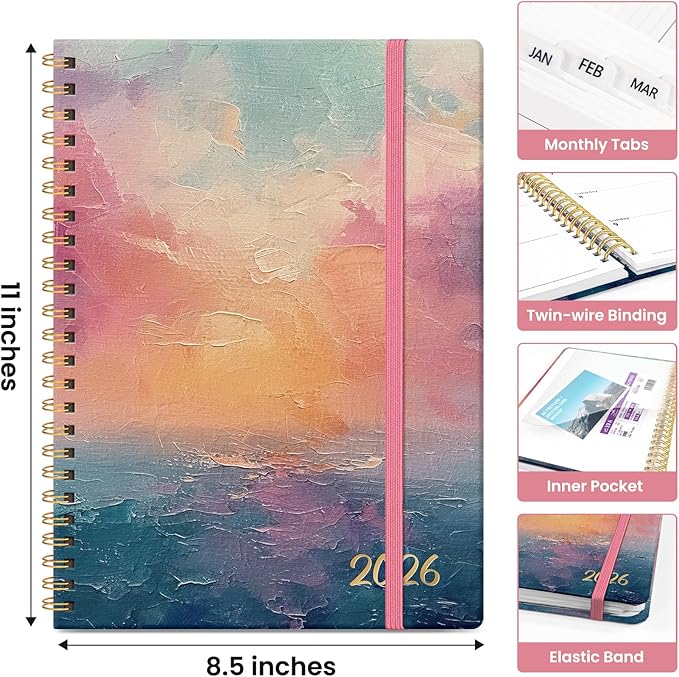 2026 Planner, Aesthetic Weekly and Monthly Planner for Women, Jan 2026 to Dec 2026, Hardcover 2026 Calendar Book with Monthly Tabs, Inner Pocket, Perfect for Office Home School - A4 (8.5" x 11"), Sunset