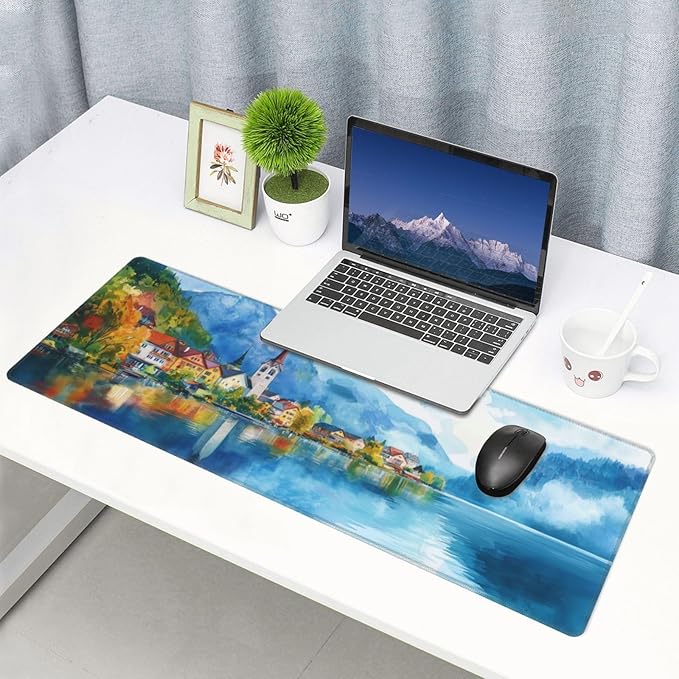 Watercolor Village Mouse Pad XL Large Mousepad Non Slip Rubber Base Desk Mat for Laptop Computer Gaming 31.5" X 12"