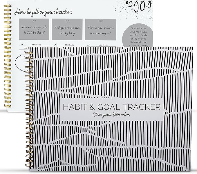 Habit Tracker & Goal Planner with Mood & Savings Trackers (8.75" x 11.25") - Undated Weekly & Monthly Habit Tracking - Goal Setting Journal - Spiral Binding with Modern Black Aesthetic Design