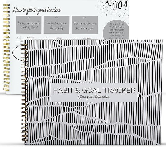 Habit Tracker & Goal Planner with Mood & Savings Trackers (8.75" x 11.25") - Undated Weekly & Monthly Habit Tracking - Goal Setting Journal - Spiral Binding with Modern Black Aesthetic Design