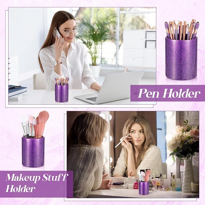 Sabary 8 Pcs Purple Pens with Pen Holder for Desk Glitter Crystal Diamond Cute Ballpoint Fancy Pencil Holder Bling Desk Organizer for Women Girls Gifts School Office Christmas Supplies