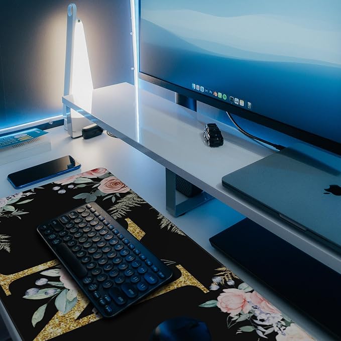 Desk Pad, Flower Golden Letters N Extended Gaming Mouse Pad Large, 35.4"x15.7" Big Mouse Pad with Non-Slip Base and Stitched Edge, Long Computer Keyboard Mouse Mat for Home Office Work