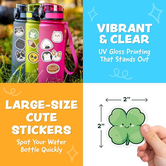 Cute Stickers for Kids - Kawaii Water Bottle Stickers for Teens - 108pc Sticker Pack - Waterproof Vinyl Stickers for Water Bottles, Scrapbook, Laptops - Valentine Stickers for Kids Classroom, Gifts