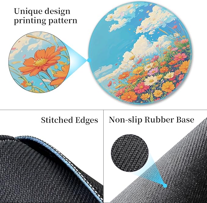 Mouse Pad for Desk, Floral Clouds Small Cute Mousepad with Non-Slip Base, Round Mouse Pads for Wireless Mouse Laptop Gaming, Computer Mouse Mat for Home Office Travel Desk Accessories